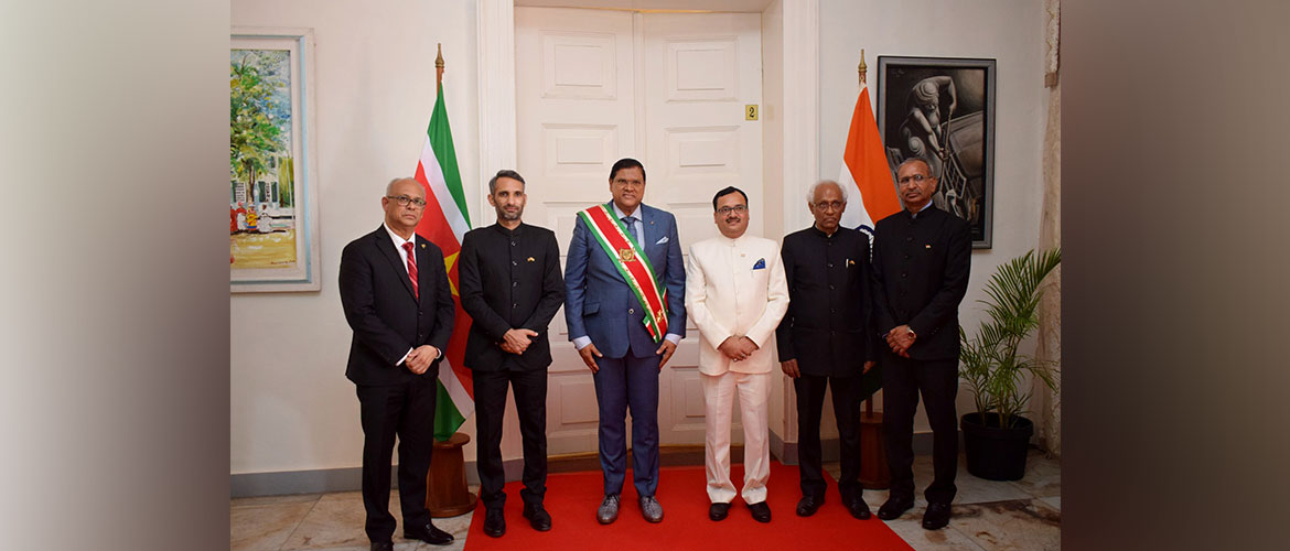 Mr. Subhash P. Gupta, Ambassador of India along with Embassy Officials and Amb. Albert Ramdin, Minister for Foreign Affairs, International Business and International Cooperation at the Presidential Palace of Suriname