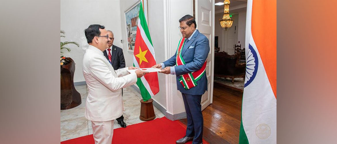 Ambassador Subhash P. Gupta presenting his credentials to H.E. Chandrikapersad Santokhi, President of the Republic of Suriname