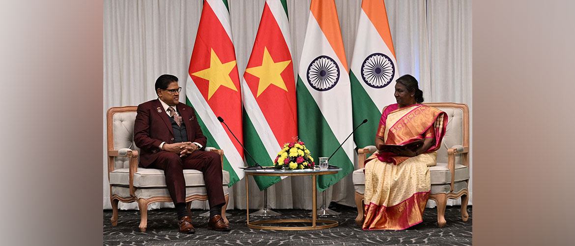 Hon'ble President of India Droupadi Murmu meeting with the President of the Republic of Suriname H.E. Chandrikapersad Santokhi in Indore, MP on the sidelines of the 17th PBD Convention